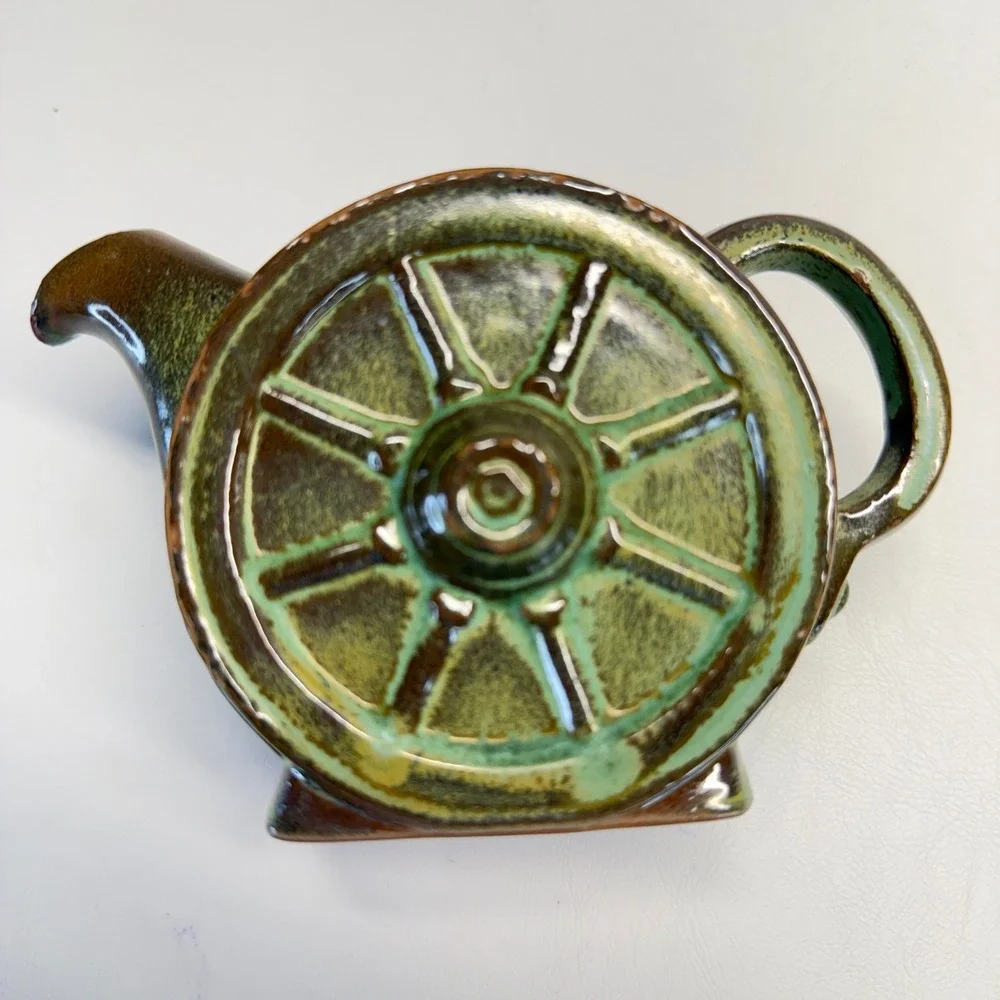 Vintage Frankoma Pottery Wagon Wheel Teapot and Creamer Set Prairie Green